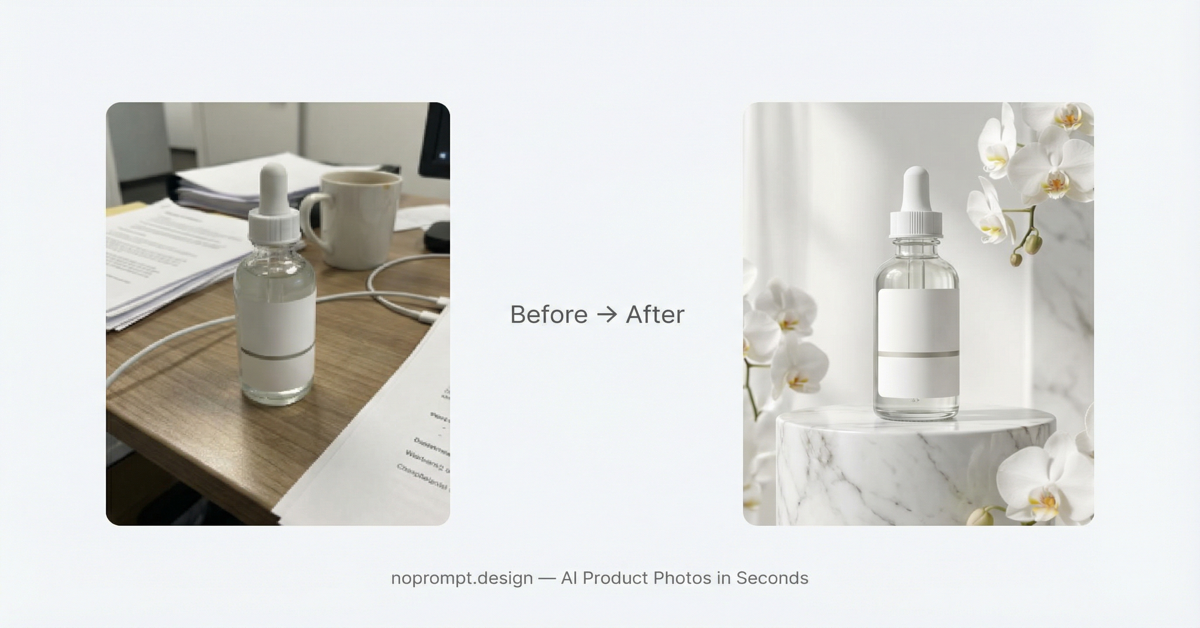Before and after: messy desk photo transformed into professional product photography